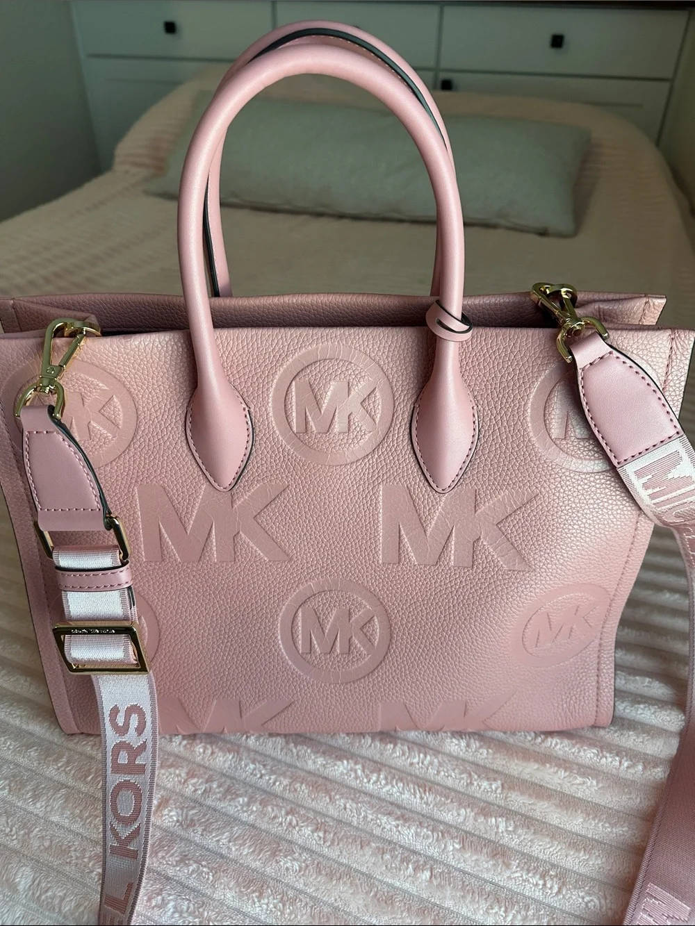 Michael Kors Pink Embossed MK Satchel with Logo Strap